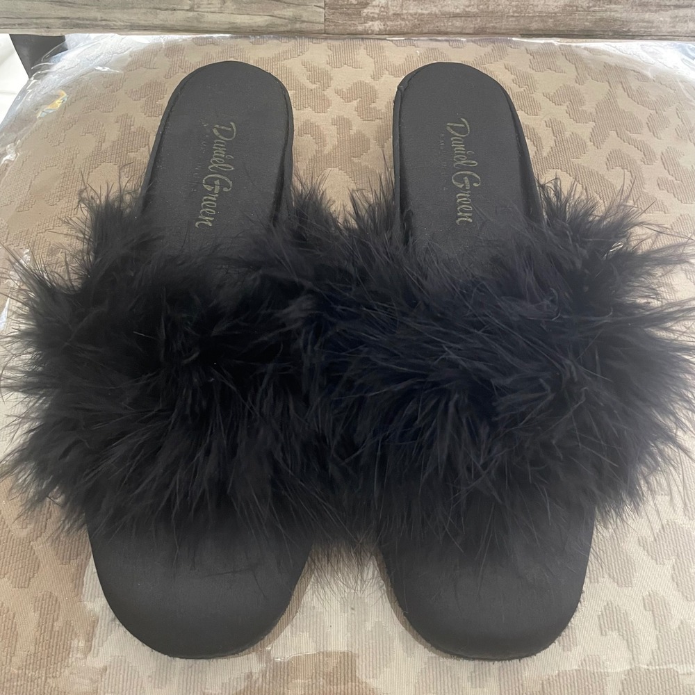 Daniel Green Black Marabou Feather Wedge Slippers Vintage Glamour Slides lady 8